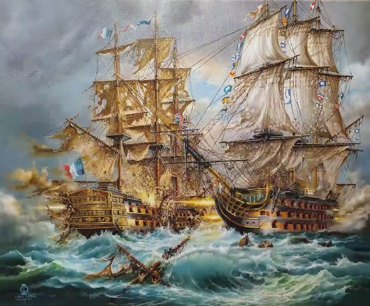 Battle of Trafalgar HMS Victory, Giclée Canvas Print with Vintage Frame