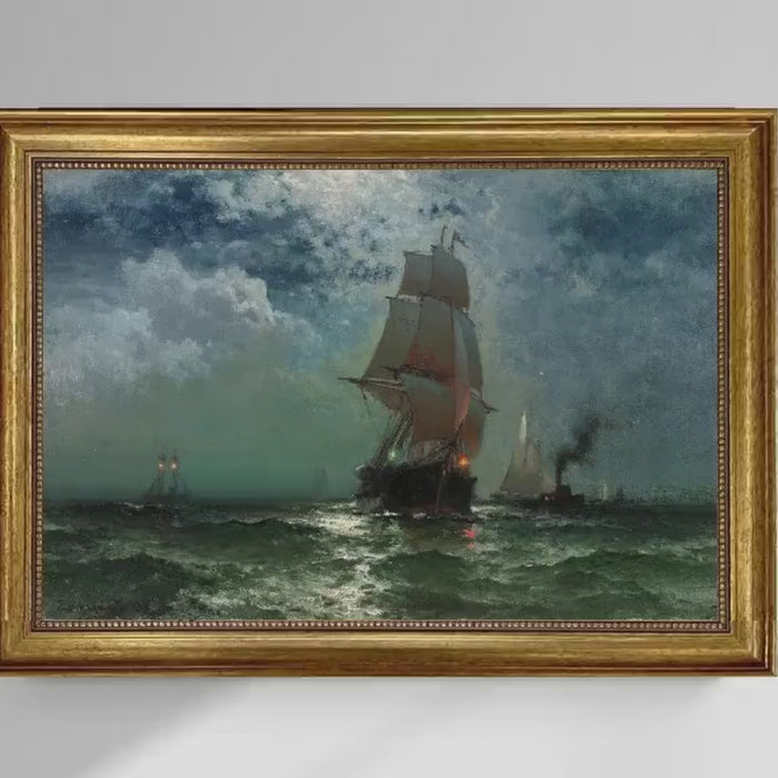 Ship at Night by Edward Moran, Canvas Print, Vintage Golden Frame and Brush strokes