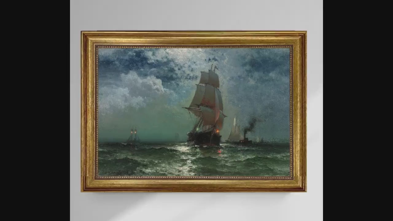 Ship at Night by Edward Moran, Canvas Print, Vintage Golden Frame and Brush strokes