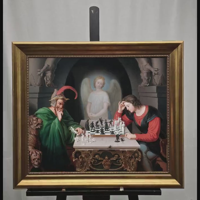 Checkmate painting by Moritz Retzsch (1831), Canvas Print with Brush Strokes, Vintage Golden Frame