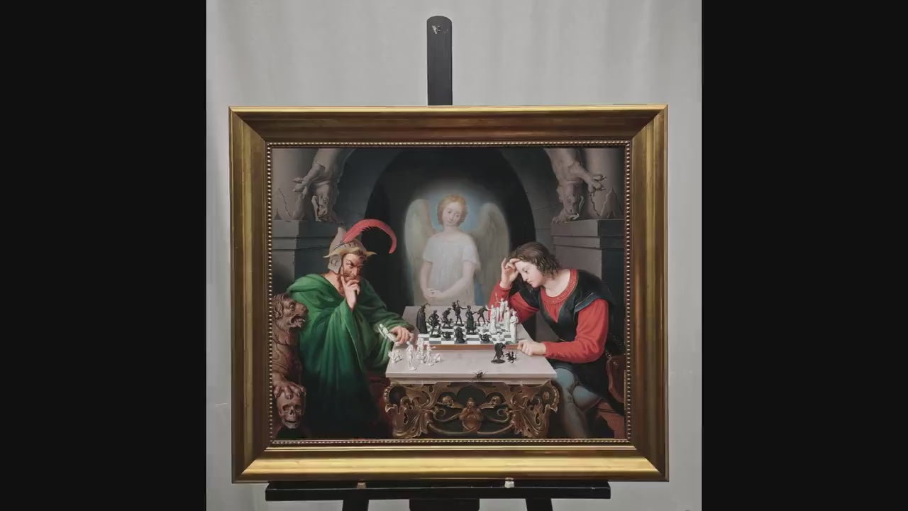 Checkmate painting by Moritz Retzsch (1831), Canvas Print with Brush Strokes, Vintage Golden Frame