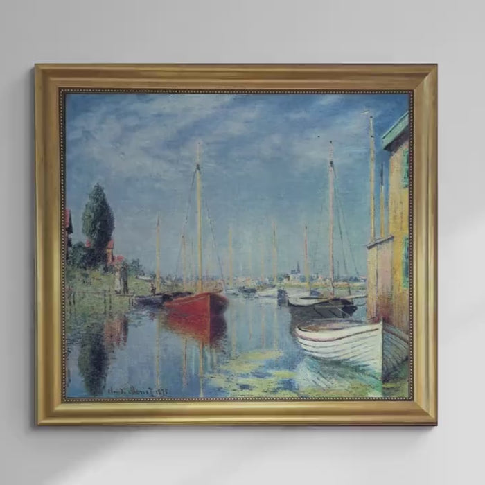 Monet Argenteuil Yachts Painting, Framed Canvas Print, Brush Strokes, Vintage Gold Frame