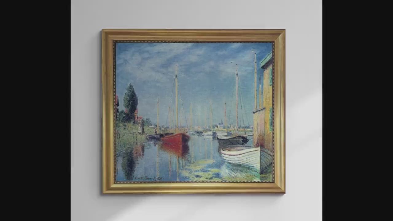 Monet Argenteuil Yachts Painting, Framed Canvas Print, Brush Strokes, Vintage Gold Frame