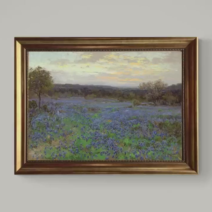 Field of bluebonnets at sunset 3D texture print on Canvas with Vintage Wooden Frame
