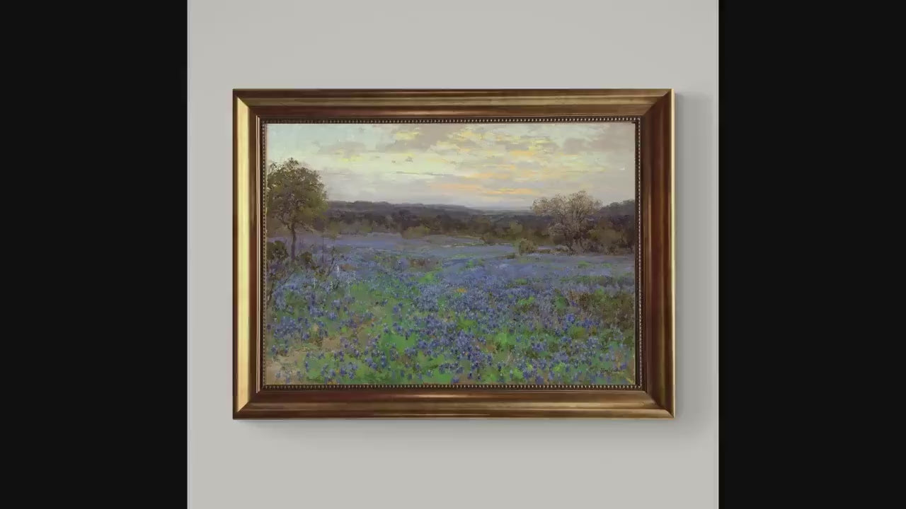 Field of bluebonnets at sunset 3D texture print on Canvas with Vintage Wooden Frame