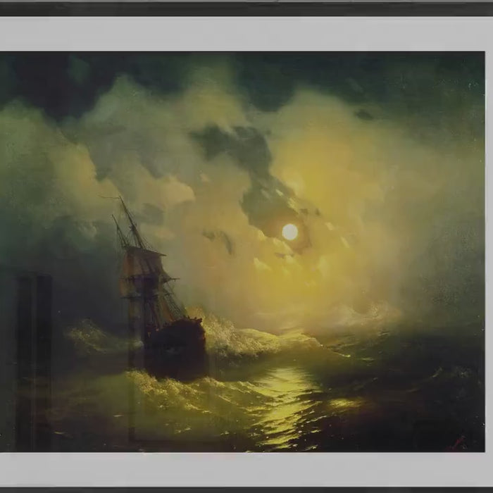 Aivazovsky Stormy Sea at Night Canvas Print: Nautical Maritime Art, Golden Vintage frame