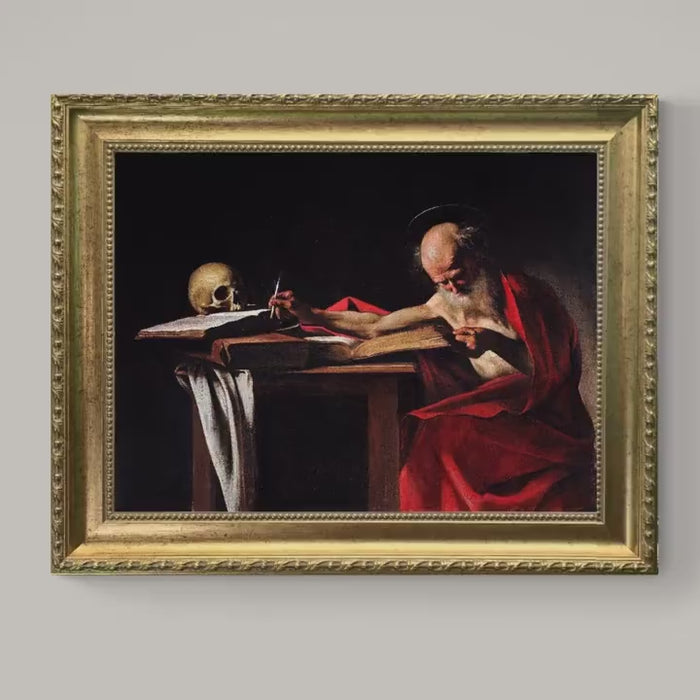 Caravaggio's Saint Jerome Writing: 3D Canvas Print, Hand-Finished brush strokes, Vintage Gold wooden Frame