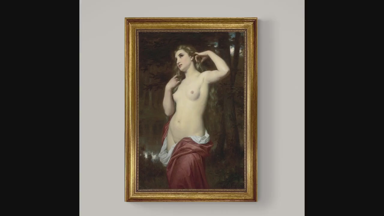 The Bather by Hugues Merle:  Print on canvas with Golden Vintage Frame and Brush Strokes