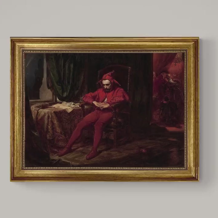 The Sad Jester Canvas Print: Vintage Golden Frame, Hand-Finished Brush Strokes