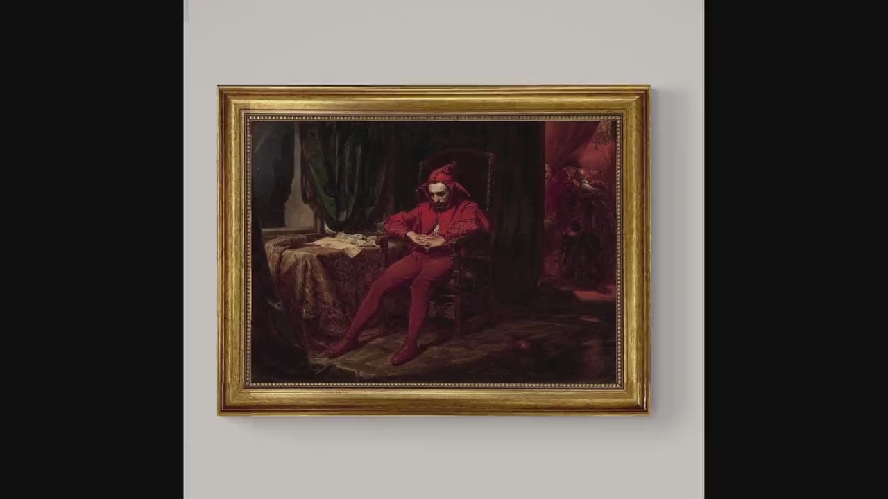 The Sad Jester Canvas Print: Vintage Golden Frame, Hand-Finished Brush Strokes