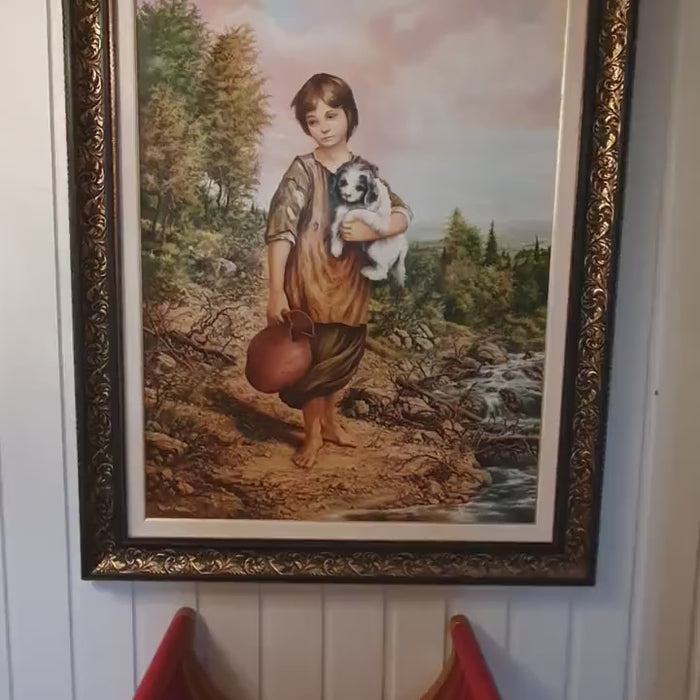 Girl with Dog Oil Painting on Canvas, Framed Art by Robert Zietara