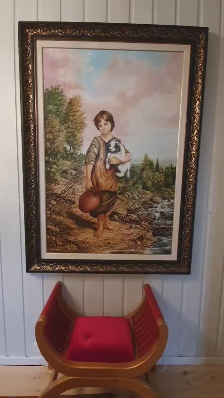 Girl with Dog Oil Painting on Canvas, Framed Art by Robert Zietara