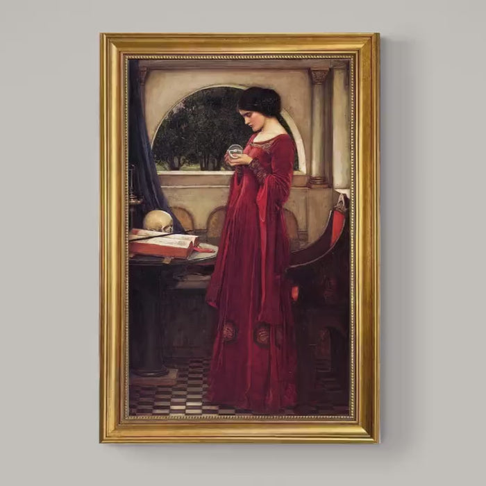 JW Waterhouse "The Cristal Ball" Framed Canvas Print: Golden Vintage Frame and Brush Strokes