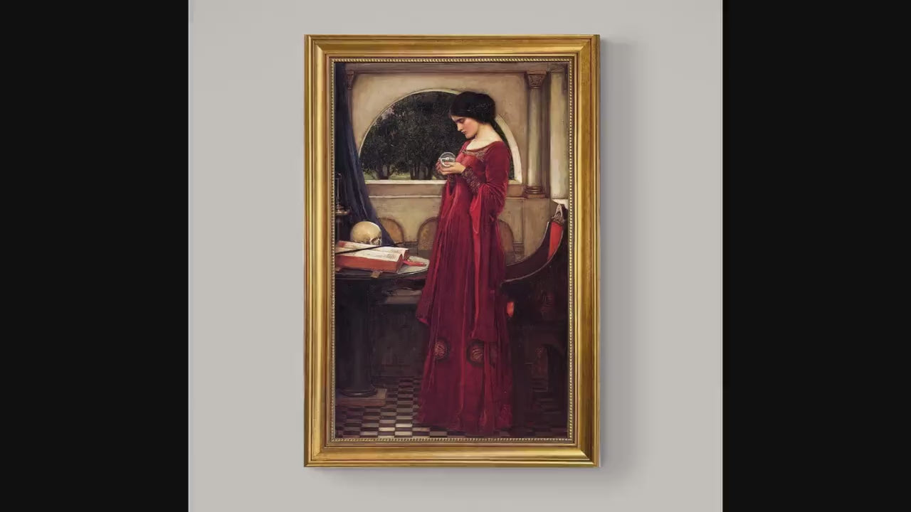 JW Waterhouse "The Cristal Ball" Framed Canvas Print: Golden Vintage Frame and Brush Strokes