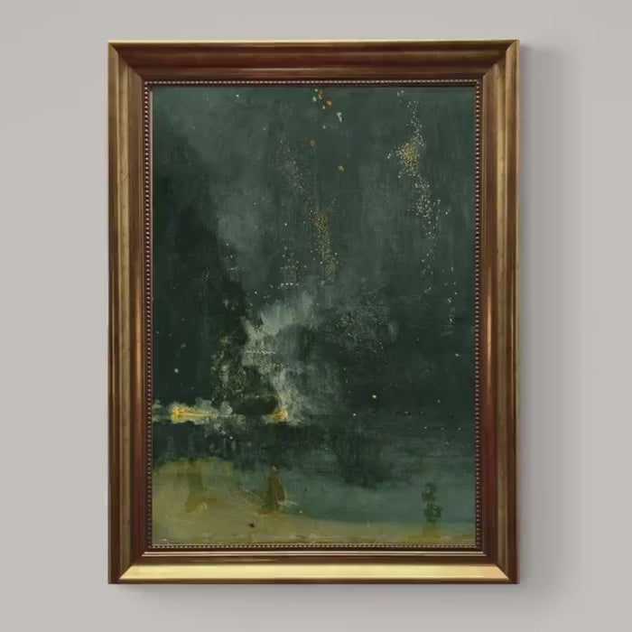 Whistler Nocturne Art Print, Falling Rocket, Gold Frame Canvas and brush strokes