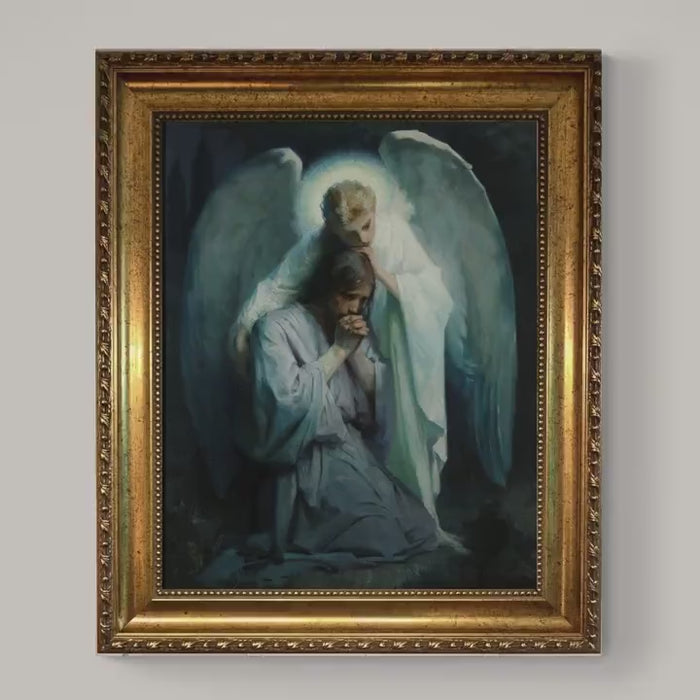 Angel and Jesus Gethsemene Art Print: Frans Schwartz, Vintage Golden Frame and Brush Strokes