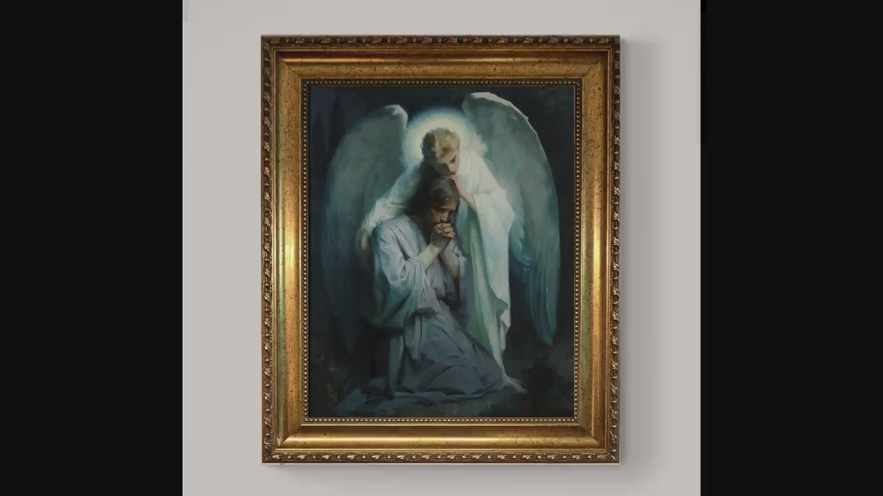Angel and Jesus Gethsemene Art Print: Frans Schwartz, Vintage Golden Frame and Brush Strokes