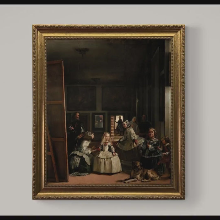 Las Meninas by Velázquez,  Canvas Print with Golden Vintage Frame and brush strokes