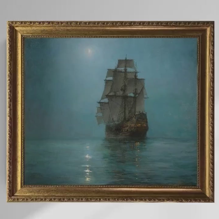 Montague Dawson Ship Painting: Crescent Moon Canvas Print with Vintage Gold Frame