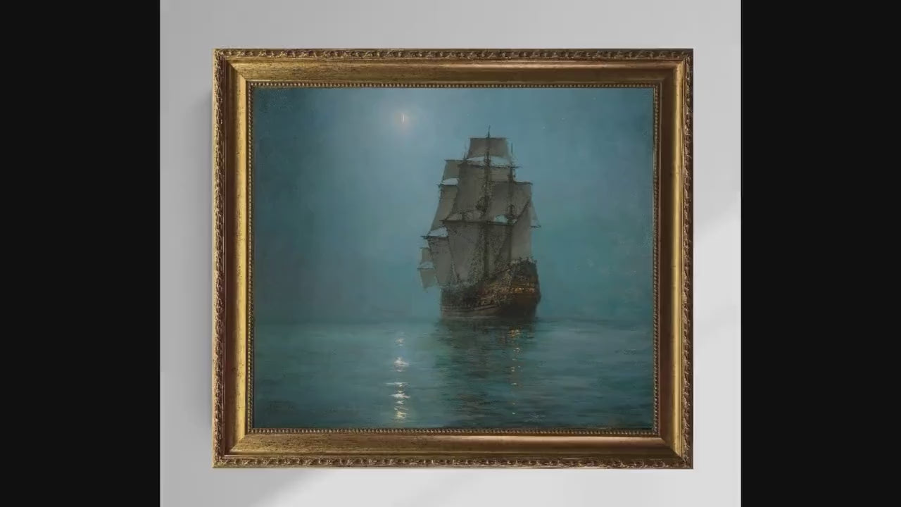 Montague Dawson Ship Painting: Crescent Moon Canvas Print with Vintage Gold Frame