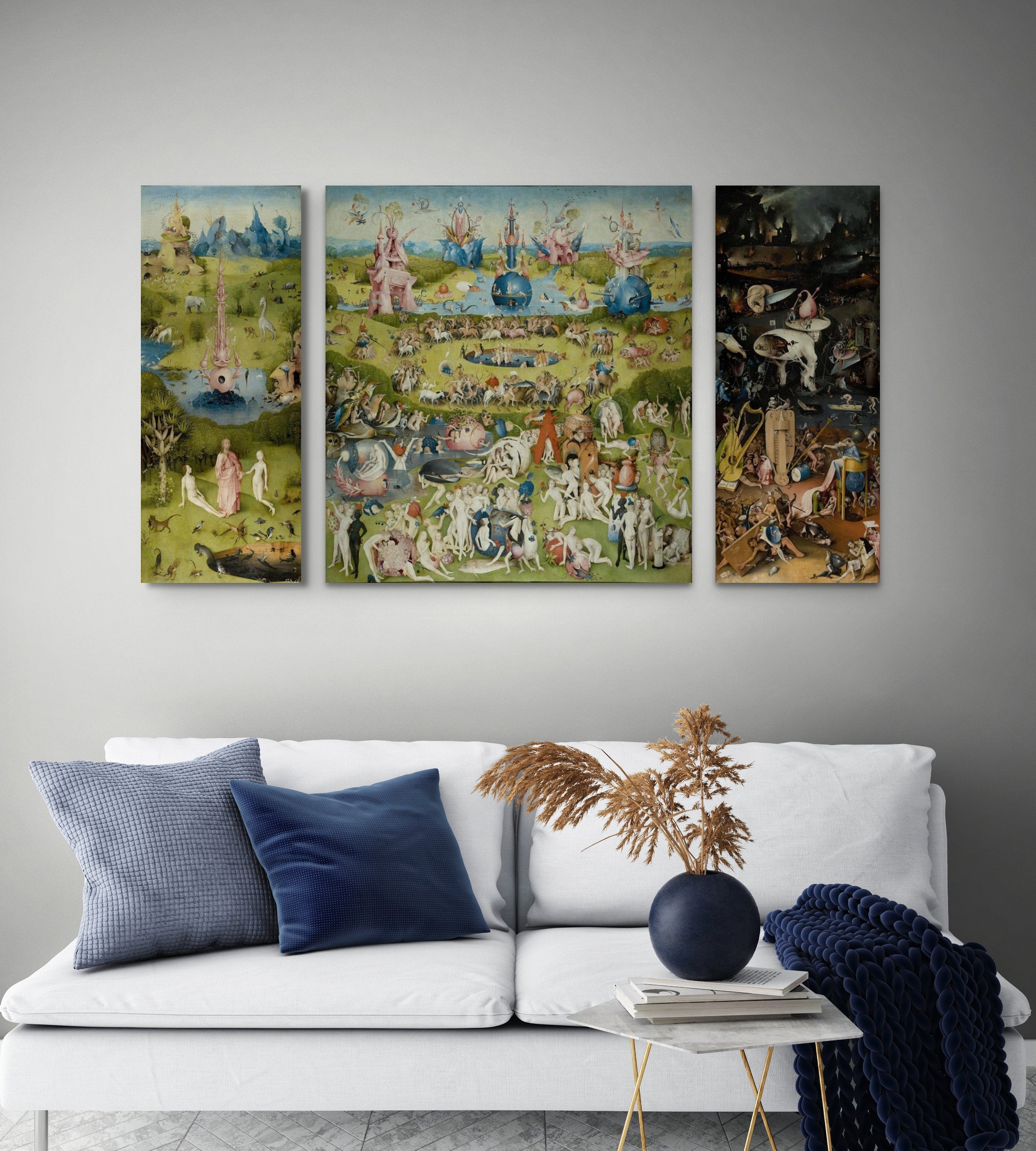 Hieronymus Bosch : Garden of Earthly Delights (Triptych, 1490), Bosch Garden Canvas 3 PANEL, Reproduction Print, Reproduction Canvas FOSHE ART