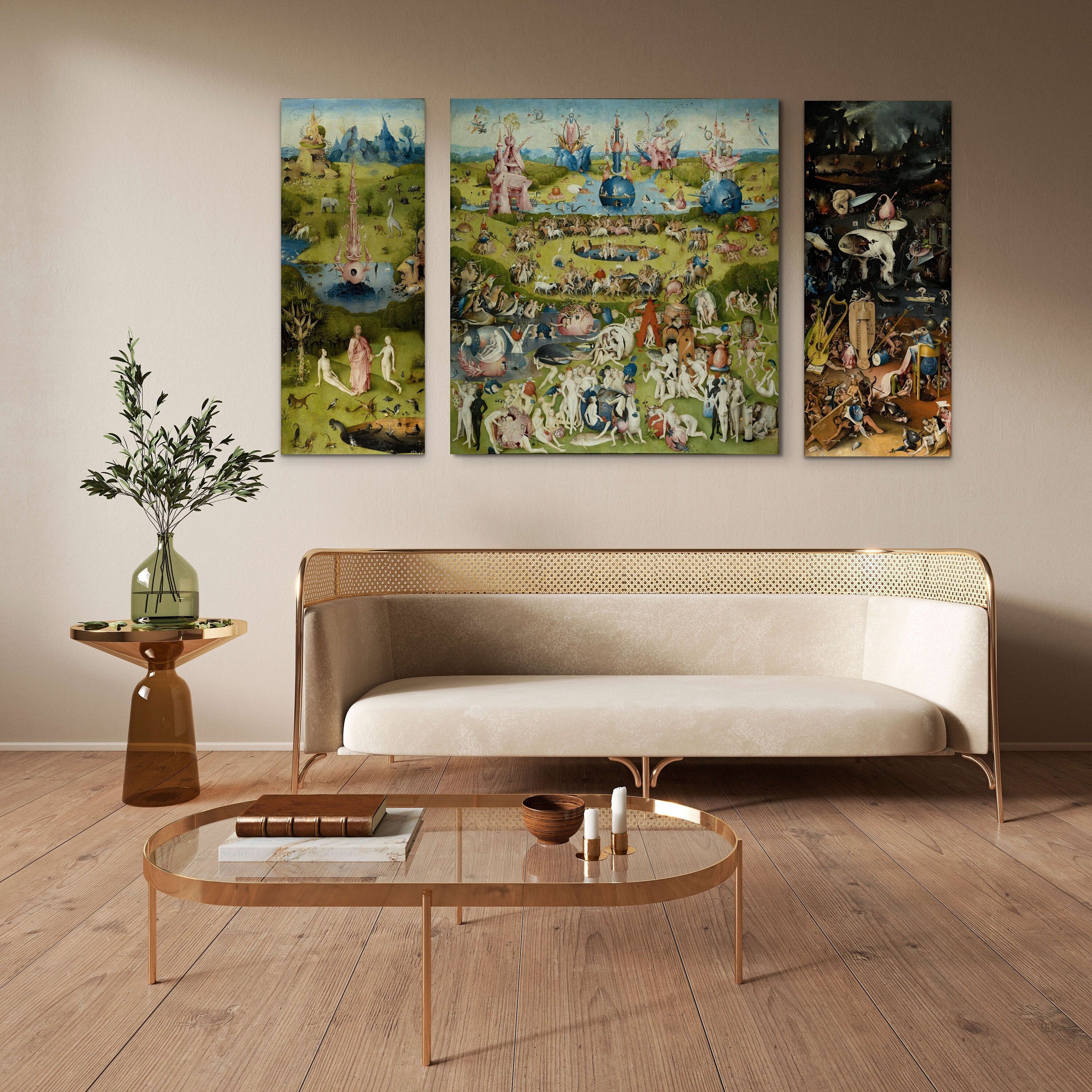 Hieronymus Bosch : Garden of Earthly Delights (Triptych, 1490), Bosch Garden Canvas 3 PANEL, Reproduction Print, Reproduction Canvas FOSHE ART