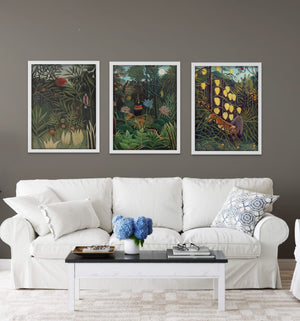 Henri Rousseau wall Art Set of 3 Green Tropical Jungle, Floral Botanical Prints, Modern Art Emerald Green Wall Decor FOSHE ART