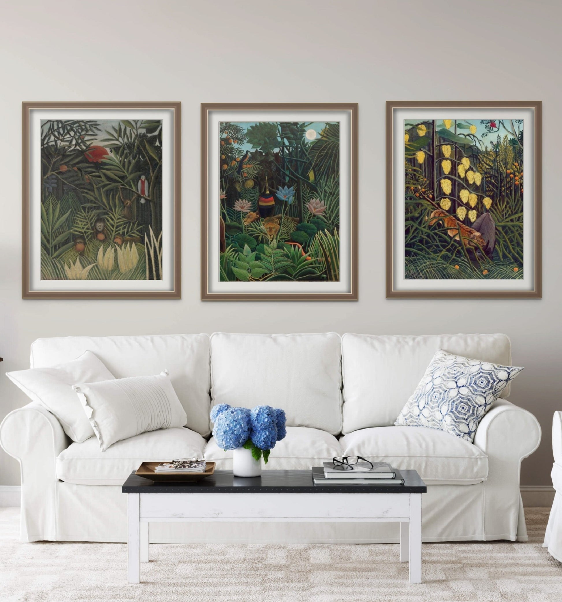 Henri Rousseau wall Art Set of 3 Green Tropical Jungle, Floral Botanical Prints, Modern Art Emerald Green Wall Decor FOSHE ART