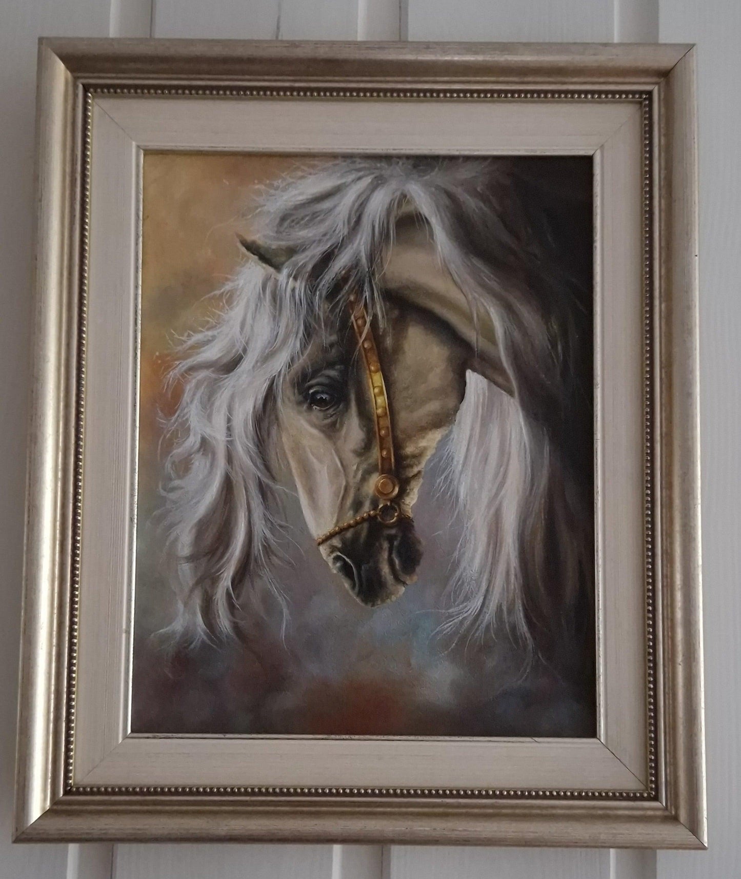 Original oil painting framed "WHITE HORSE" Foshe ART