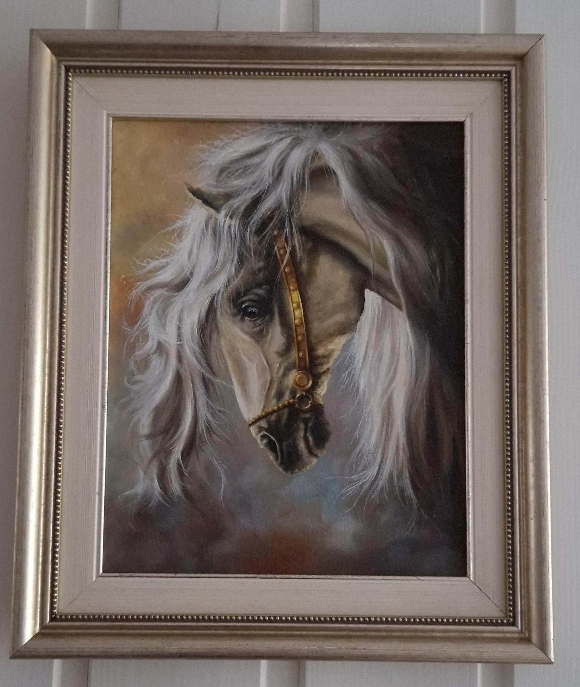 Original oil painting framed "WHITE HORSE" Foshe ART