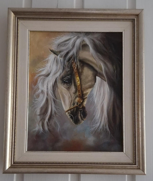 Original oil painting framed "WHITE HORSE" Foshe ART