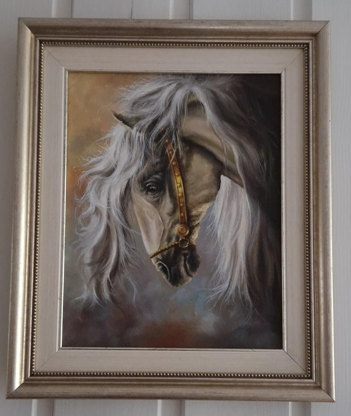 Original oil painting framed "WHITE HORSE" Foshe ART